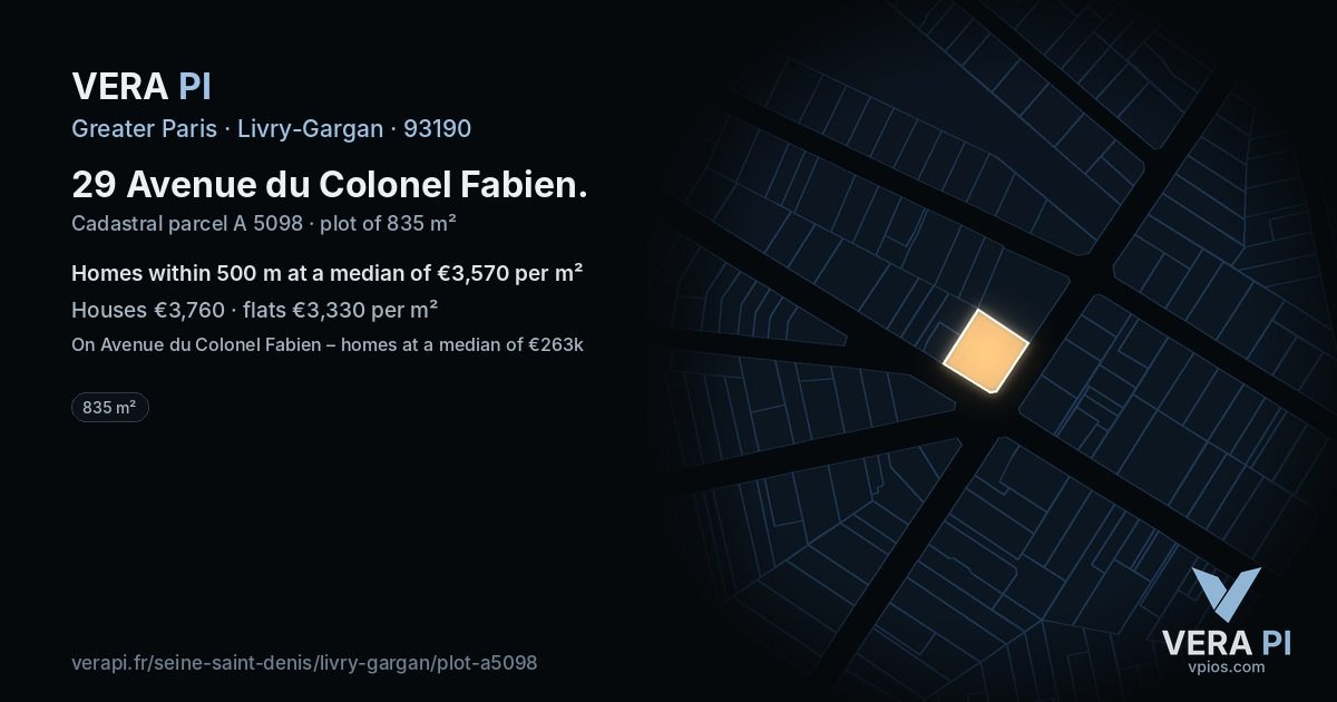 29 Avenue du Colonel Fabien, Livry-Gargan at night – the plot lit, the parcels around coloured by the prices near them