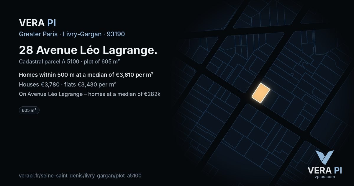 28 Avenue Léo Lagrange, Livry-Gargan at night – the plot lit, the parcels around coloured by the prices near them