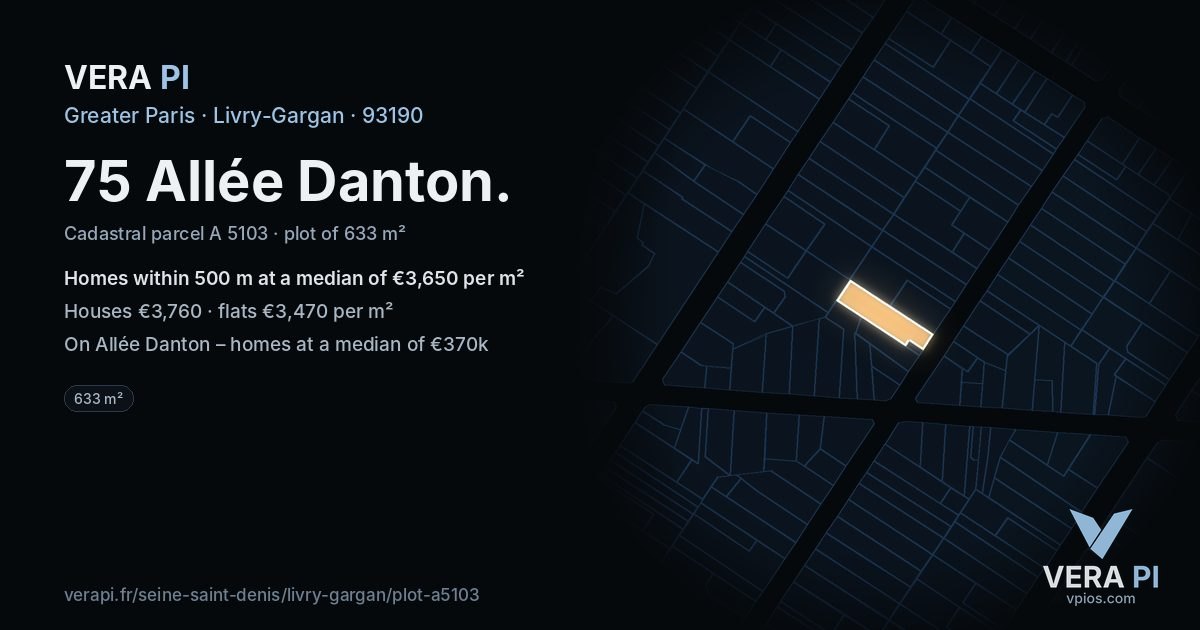75 Allée Danton, Livry-Gargan at night – the plot lit, the parcels around coloured by the prices near them