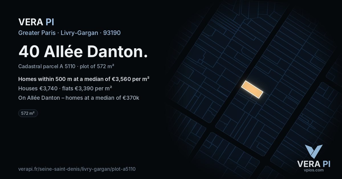 40 Allée Danton, Livry-Gargan at night – the plot lit, the parcels around coloured by the prices near them