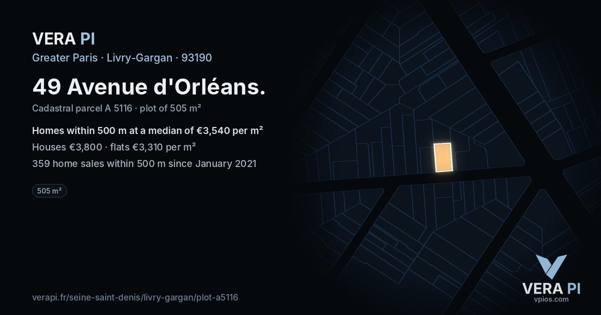 49 Avenue d'Orléans, Livry-Gargan at night – the plot lit, the parcels around coloured by the prices near them