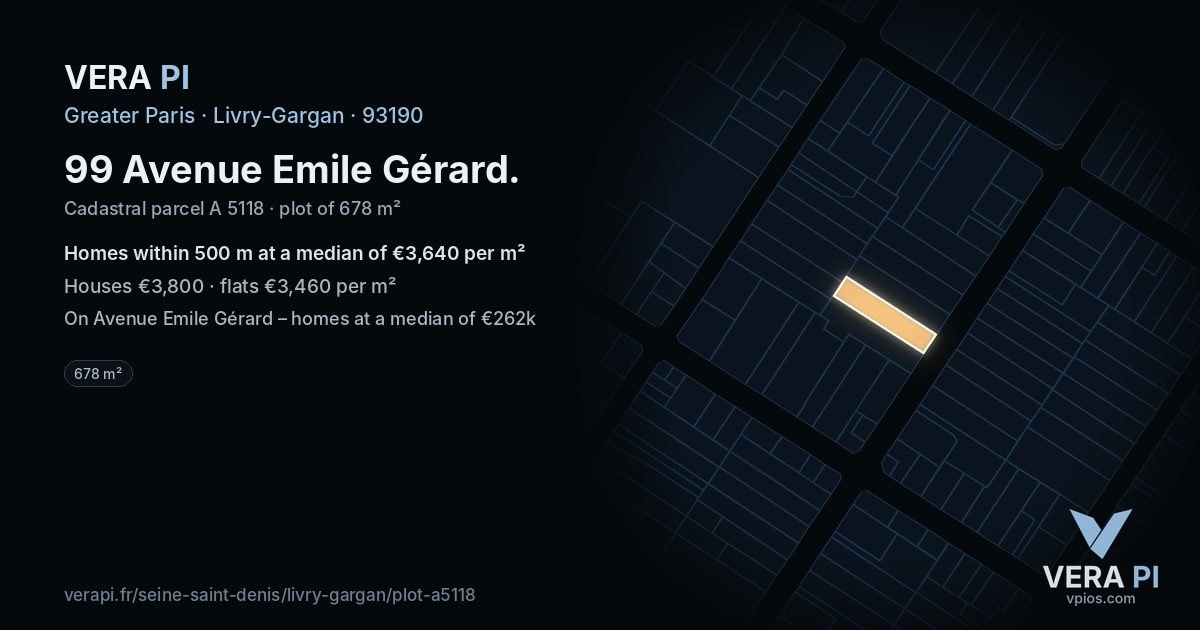 99 Avenue Emile Gérard, Livry-Gargan at night – the plot lit, the parcels around coloured by the prices near them