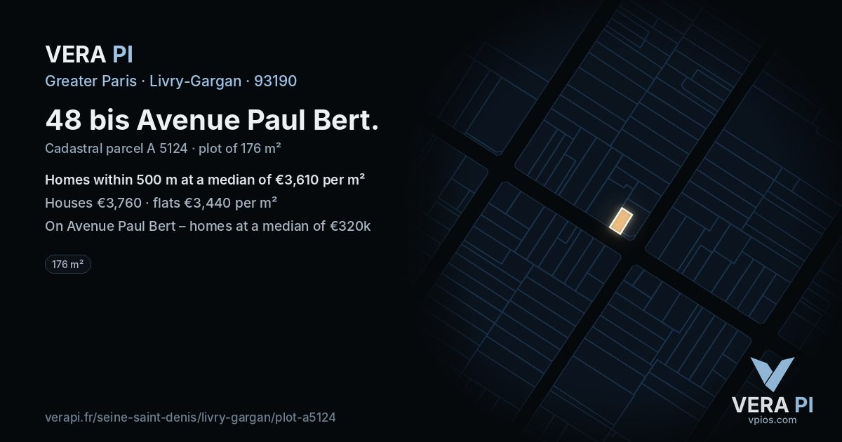 48 bis Avenue Paul Bert, Livry-Gargan at night – the plot lit, the parcels around coloured by the prices near them
