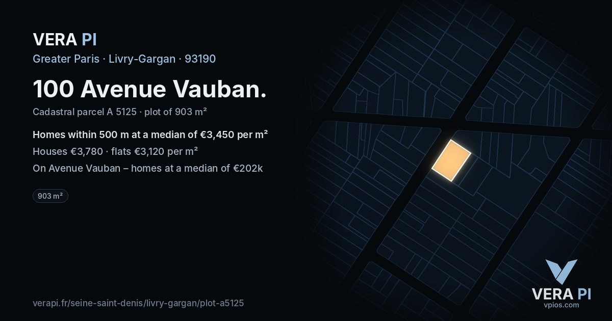 100 Avenue Vauban, Livry-Gargan at night – the plot lit, the parcels around coloured by the prices near them