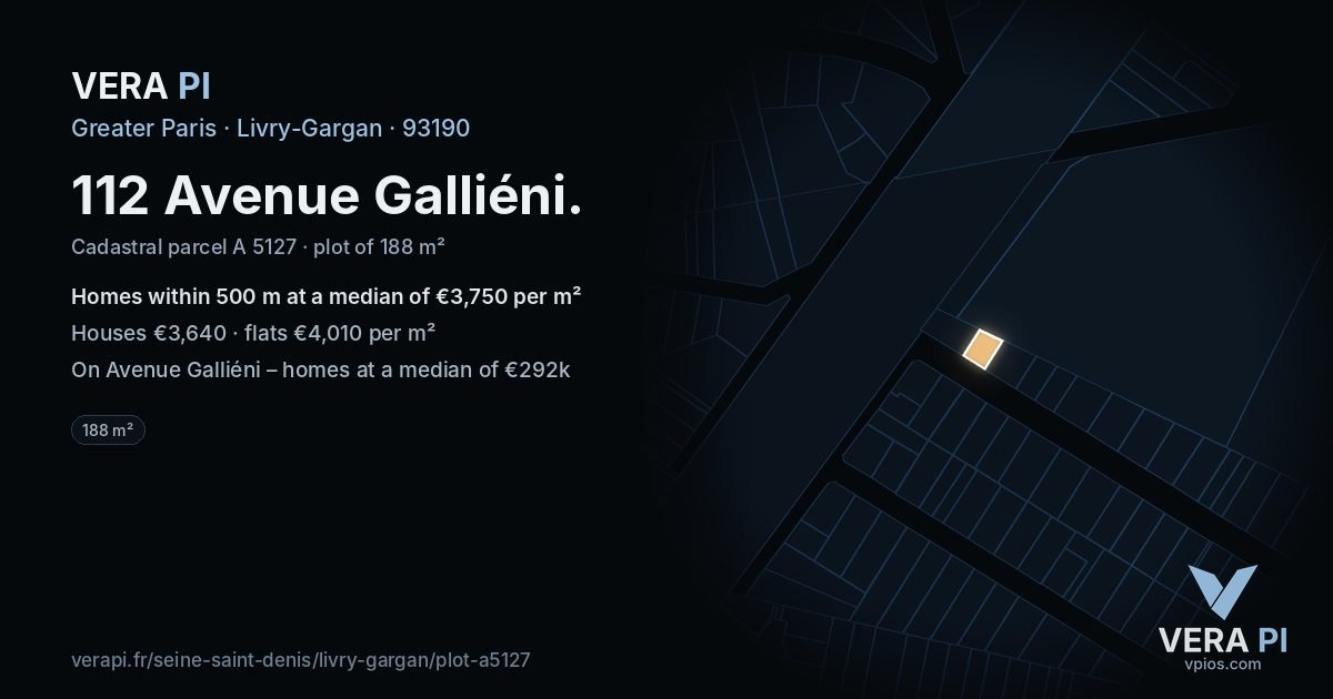 112 Avenue Galliéni, Livry-Gargan at night – the plot lit, the parcels around coloured by the prices near them