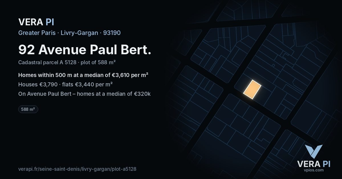 92 Avenue Paul Bert, Livry-Gargan at night – the plot lit, the parcels around coloured by the prices near them