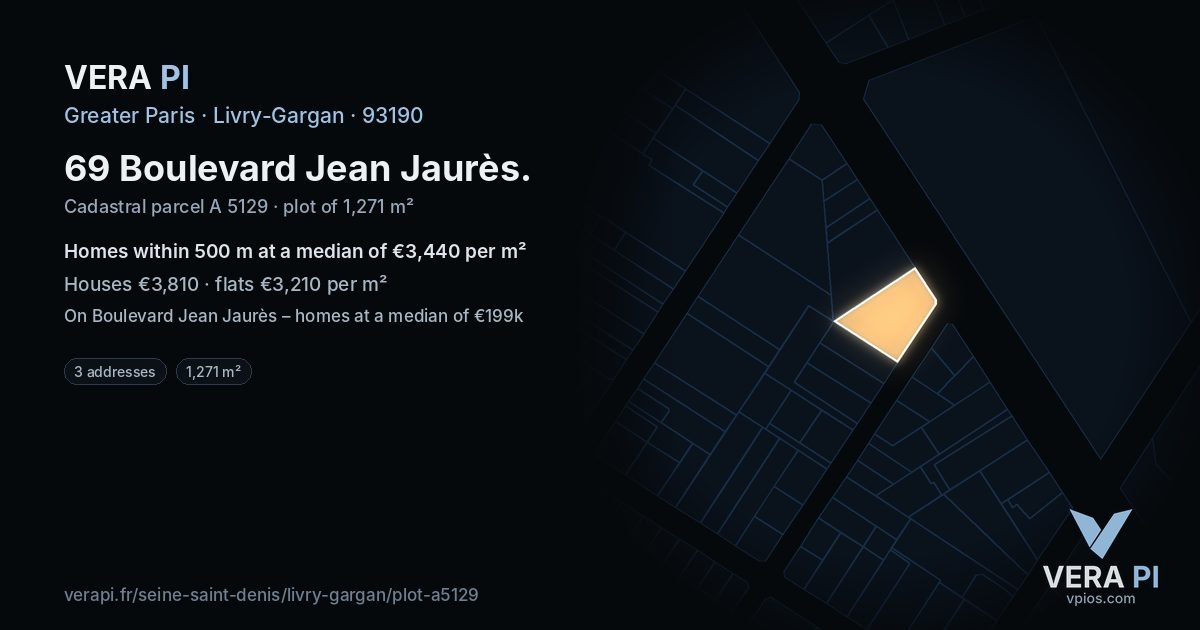 69 Boulevard Jean Jaurès, Livry-Gargan at night – the plot lit, the parcels around coloured by the prices near them