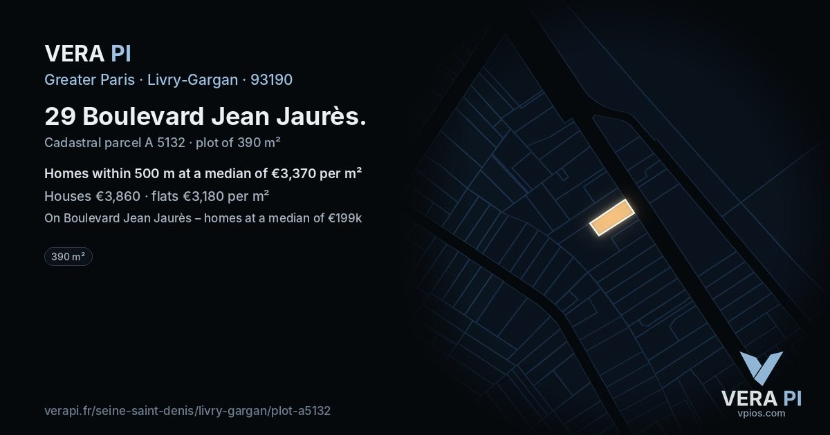 29 Boulevard Jean Jaurès, Livry-Gargan at night – the plot lit, the parcels around coloured by the prices near them