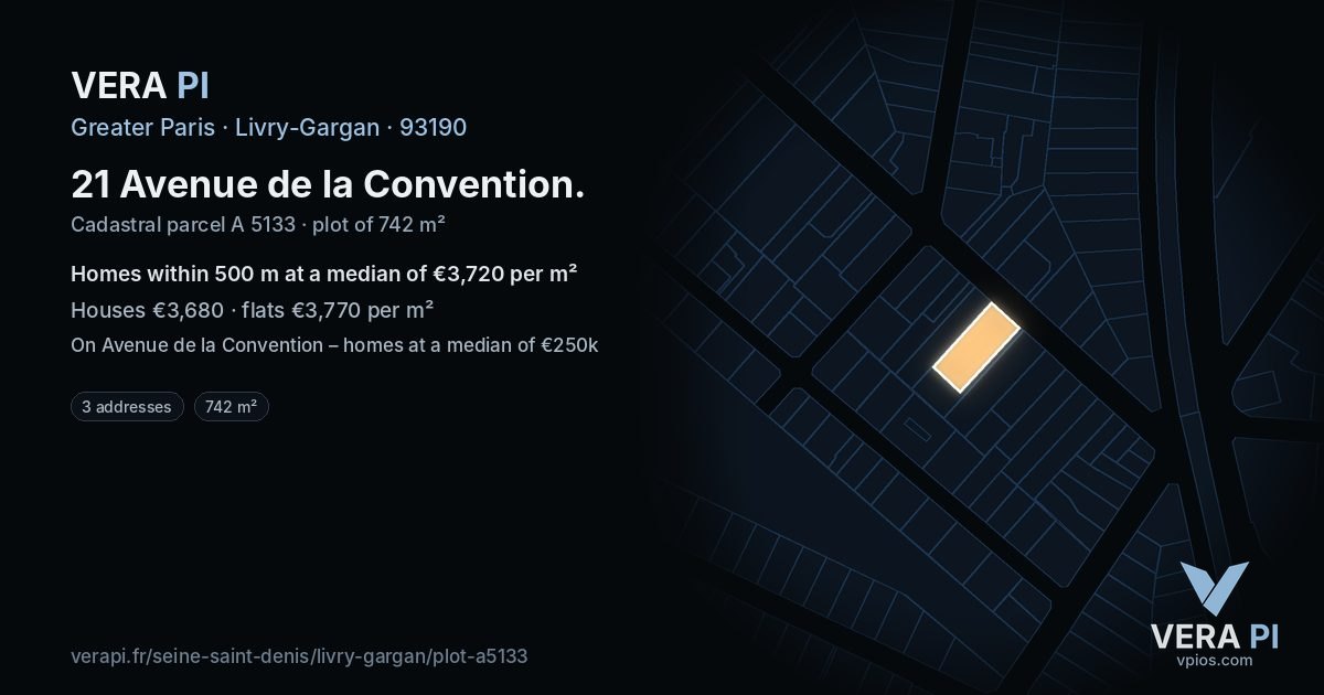 21 Avenue de la Convention, Livry-Gargan at night – the plot lit, the parcels around coloured by the prices near them