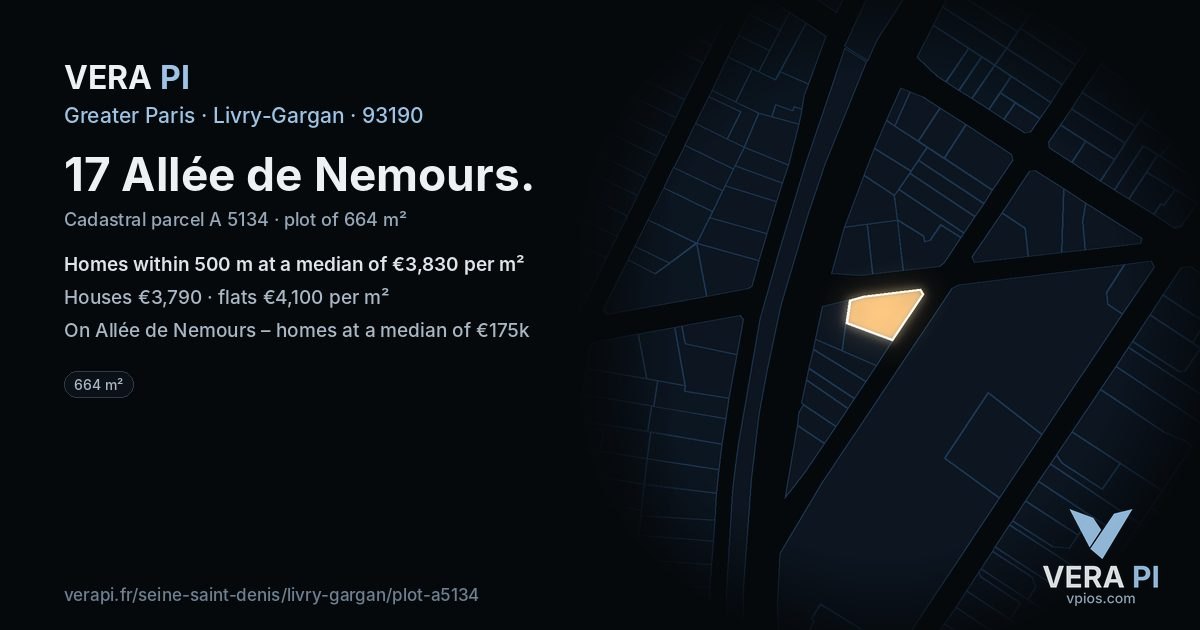 17 Allée de Nemours, Livry-Gargan at night – the plot lit, the parcels around coloured by the prices near them