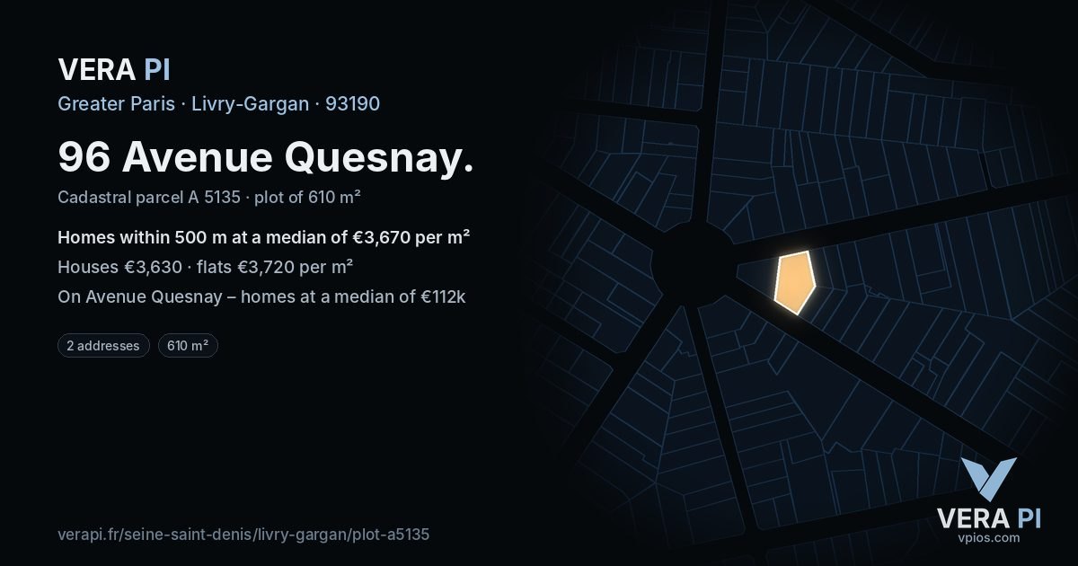 96 Avenue Quesnay, Livry-Gargan at night – the plot lit, the parcels around coloured by the prices near them