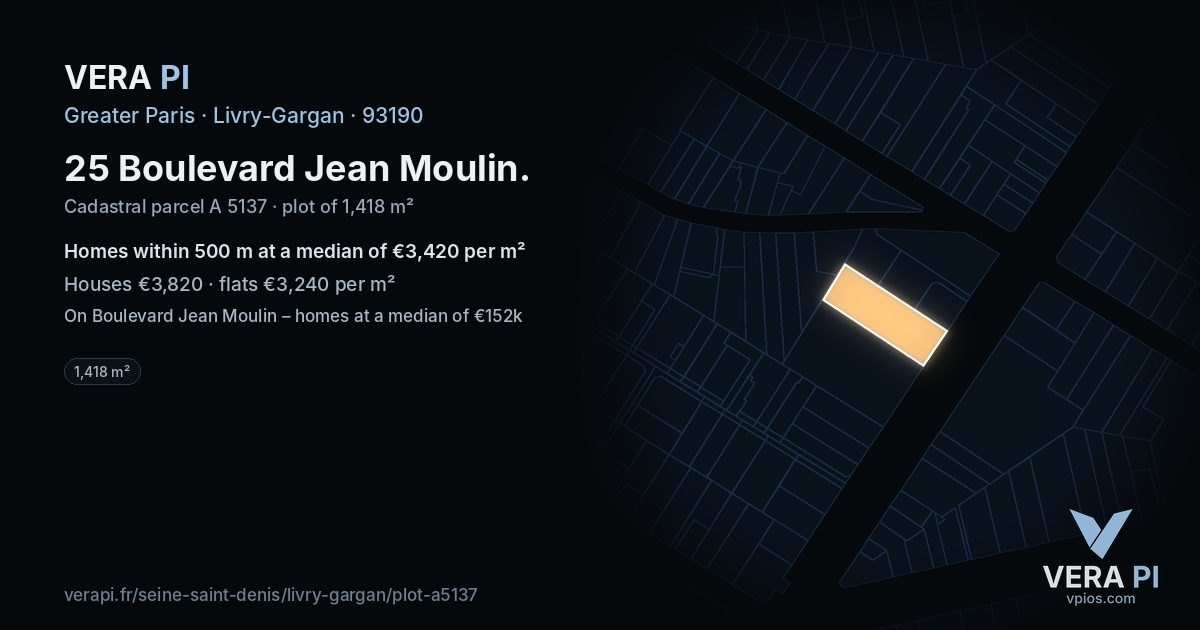 25 Boulevard Jean Moulin, Livry-Gargan at night – the plot lit, the parcels around coloured by the prices near them