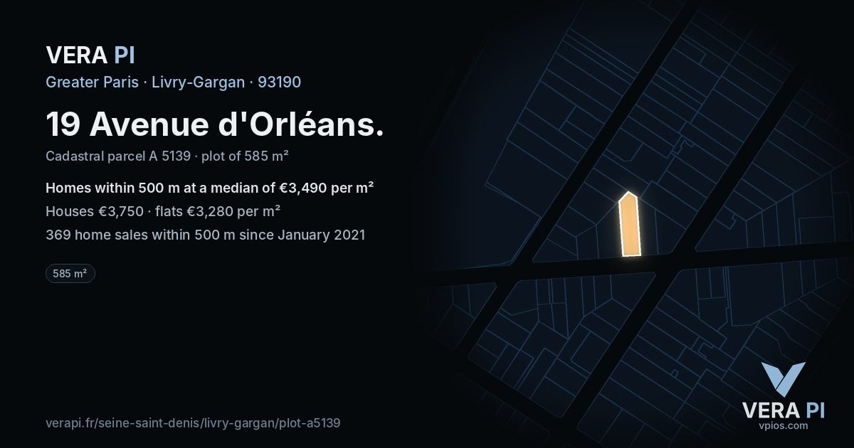 19 Avenue d'Orléans, Livry-Gargan at night – the plot lit, the parcels around coloured by the prices near them