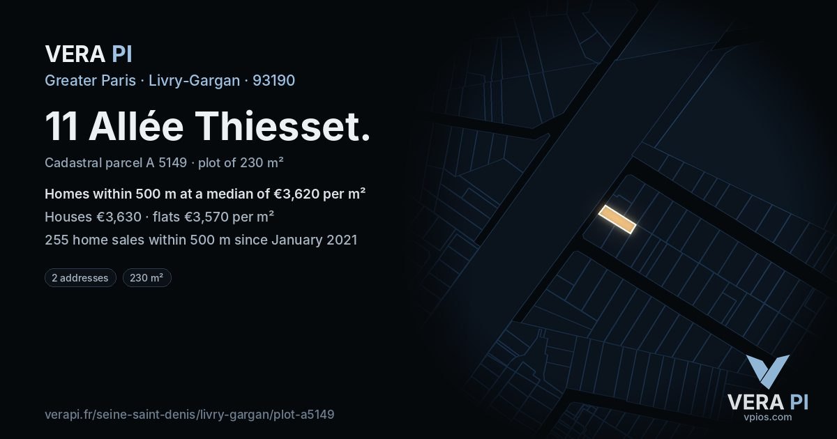 11 Allée Thiesset, Livry-Gargan at night – the plot lit, the parcels around coloured by the prices near them
