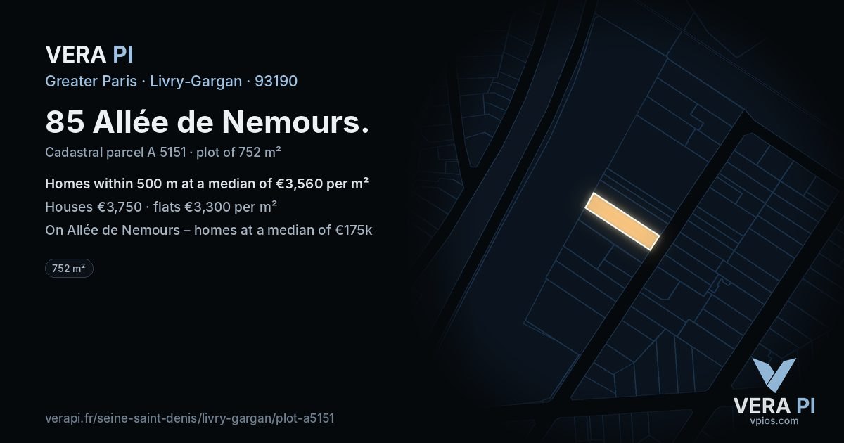 85 Allée de Nemours, Livry-Gargan at night – the plot lit, the parcels around coloured by the prices near them