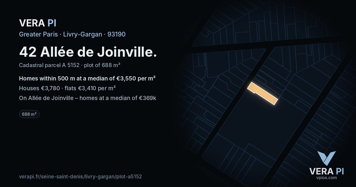 42 Allée de Joinville, Livry-Gargan at night – the plot lit, the parcels around coloured by the prices near them