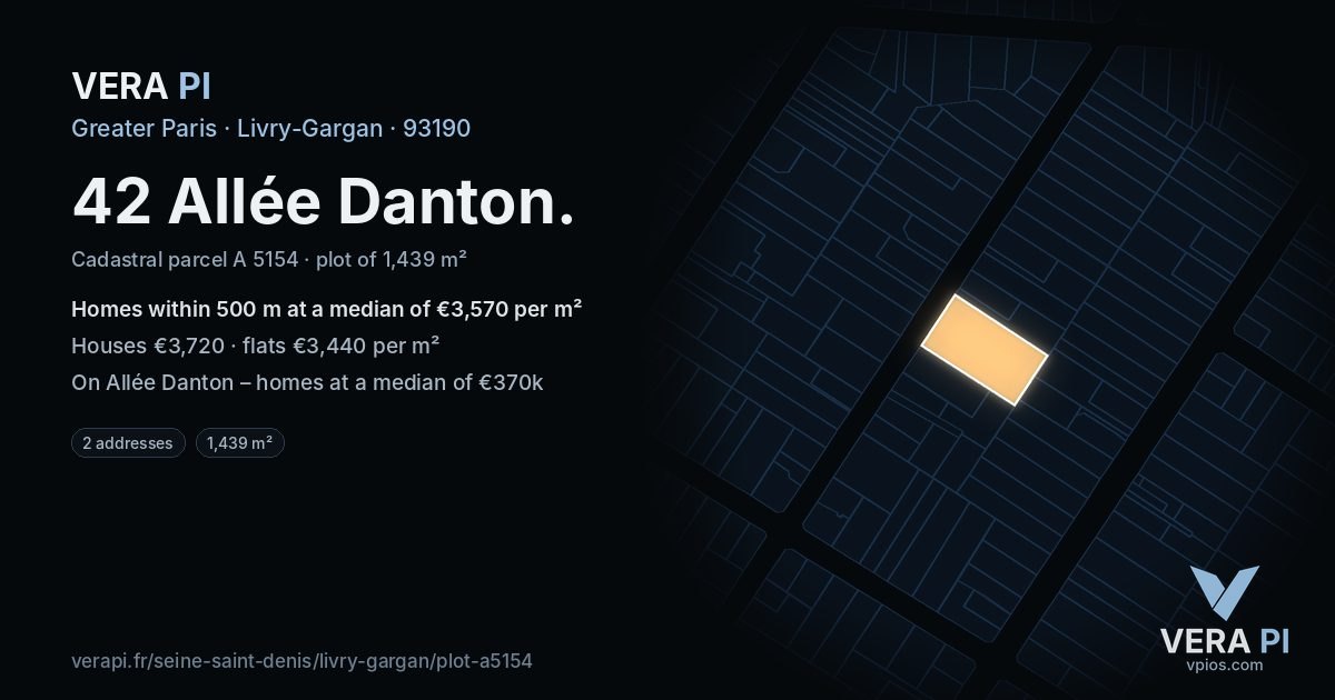 42 Allée Danton, Livry-Gargan at night – the plot lit, the parcels around coloured by the prices near them