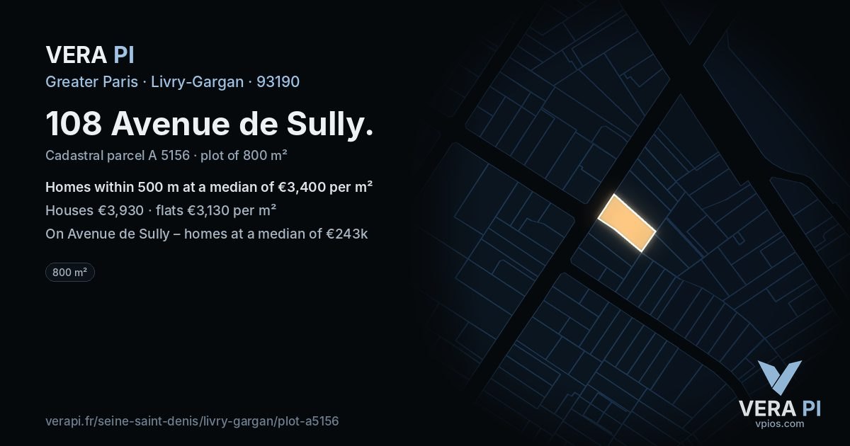 108 Avenue de Sully, Livry-Gargan at night – the plot lit, the parcels around coloured by the prices near them
