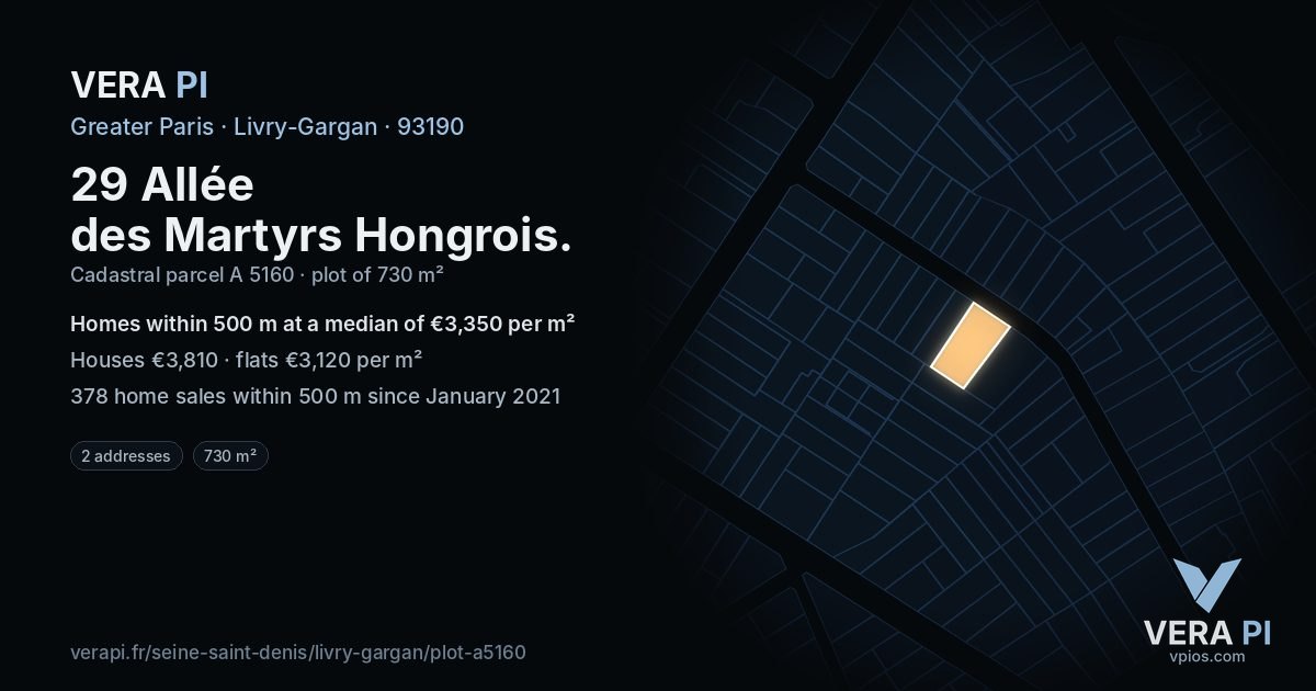 29 Allée des Martyrs Hongrois, Livry-Gargan at night – the plot lit, the parcels around coloured by the prices near them
