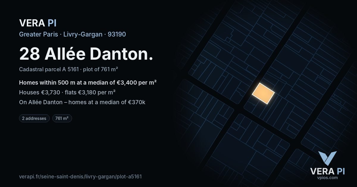 28 Allée Danton, Livry-Gargan at night – the plot lit, the parcels around coloured by the prices near them