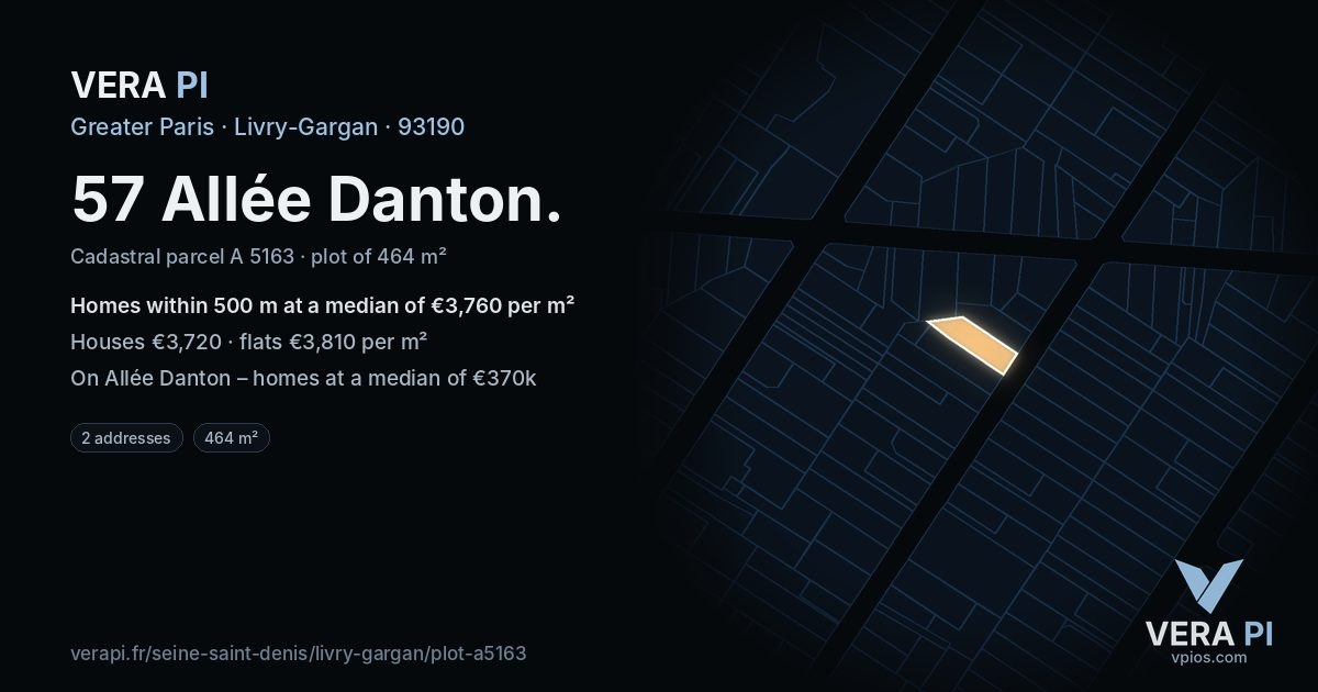 57 Allée Danton, Livry-Gargan at night – the plot lit, the parcels around coloured by the prices near them