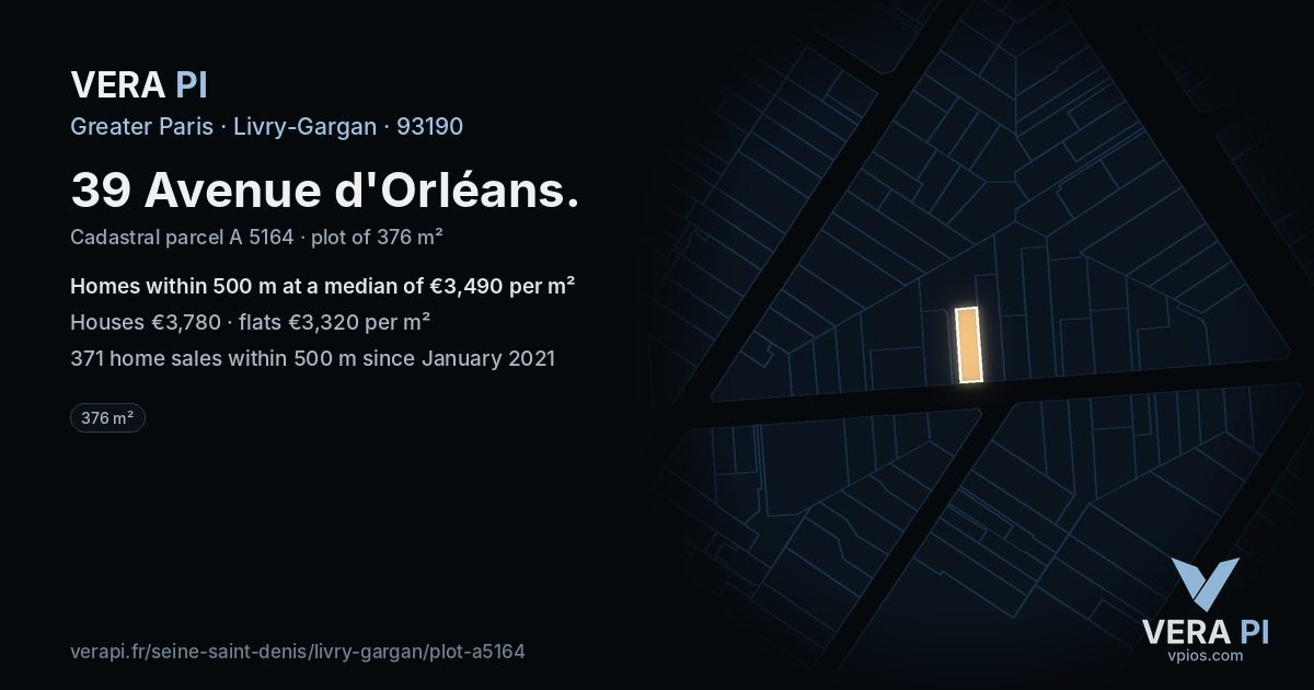 39 Avenue d'Orléans, Livry-Gargan at night – the plot lit, the parcels around coloured by the prices near them