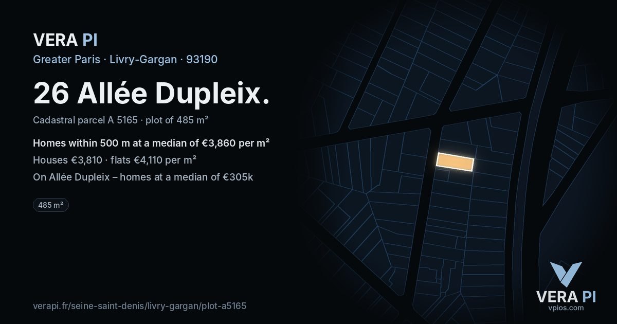 26 Allée Dupleix, Livry-Gargan at night – the plot lit, the parcels around coloured by the prices near them