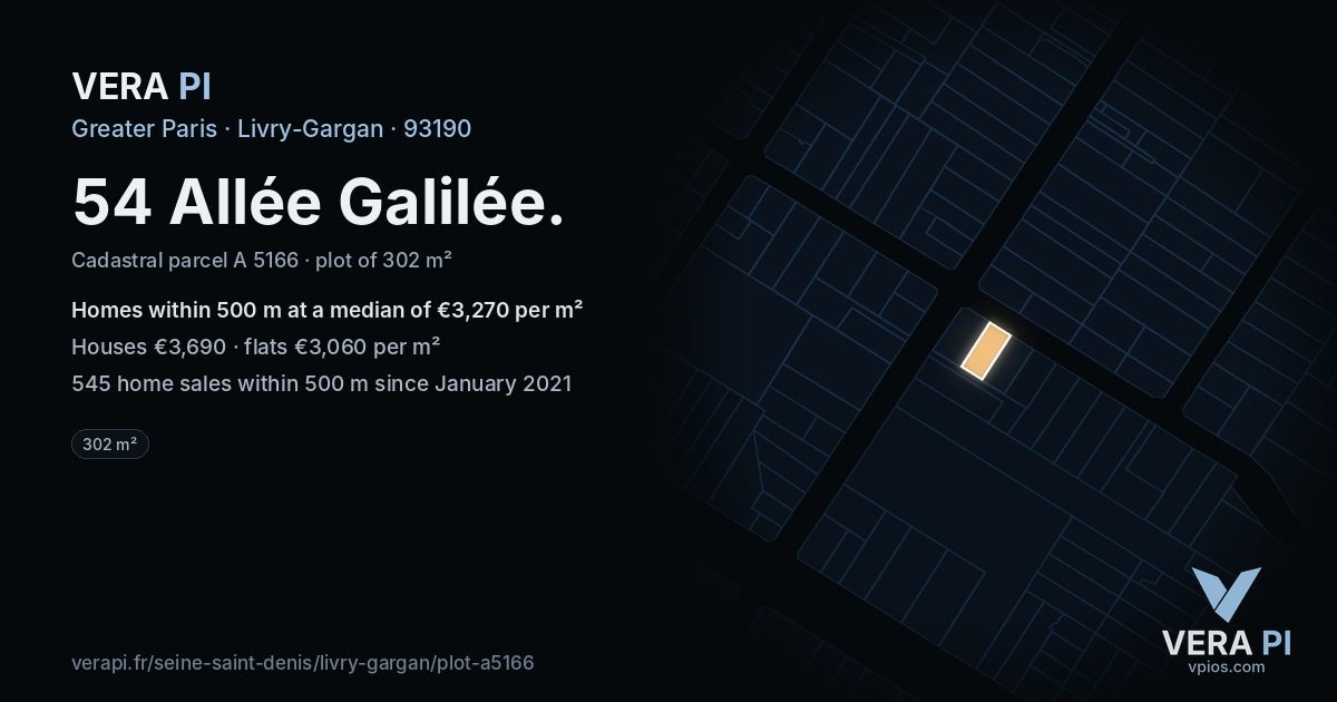 54 Allée Galilée, Livry-Gargan at night – the plot lit, the parcels around coloured by the prices near them