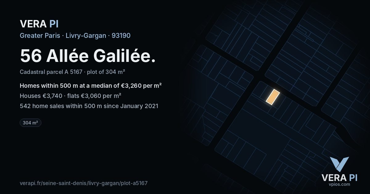 56 Allée Galilée, Livry-Gargan at night – the plot lit, the parcels around coloured by the prices near them
