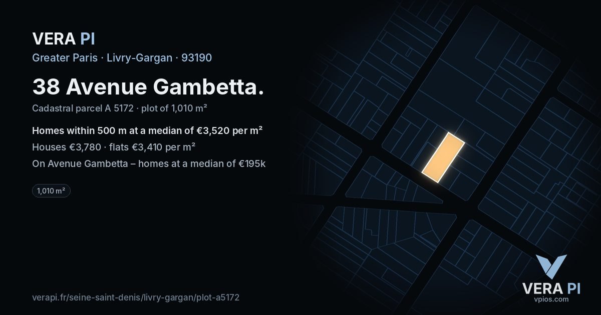 38 Avenue Gambetta, Livry-Gargan at night – the plot lit, the parcels around coloured by the prices near them