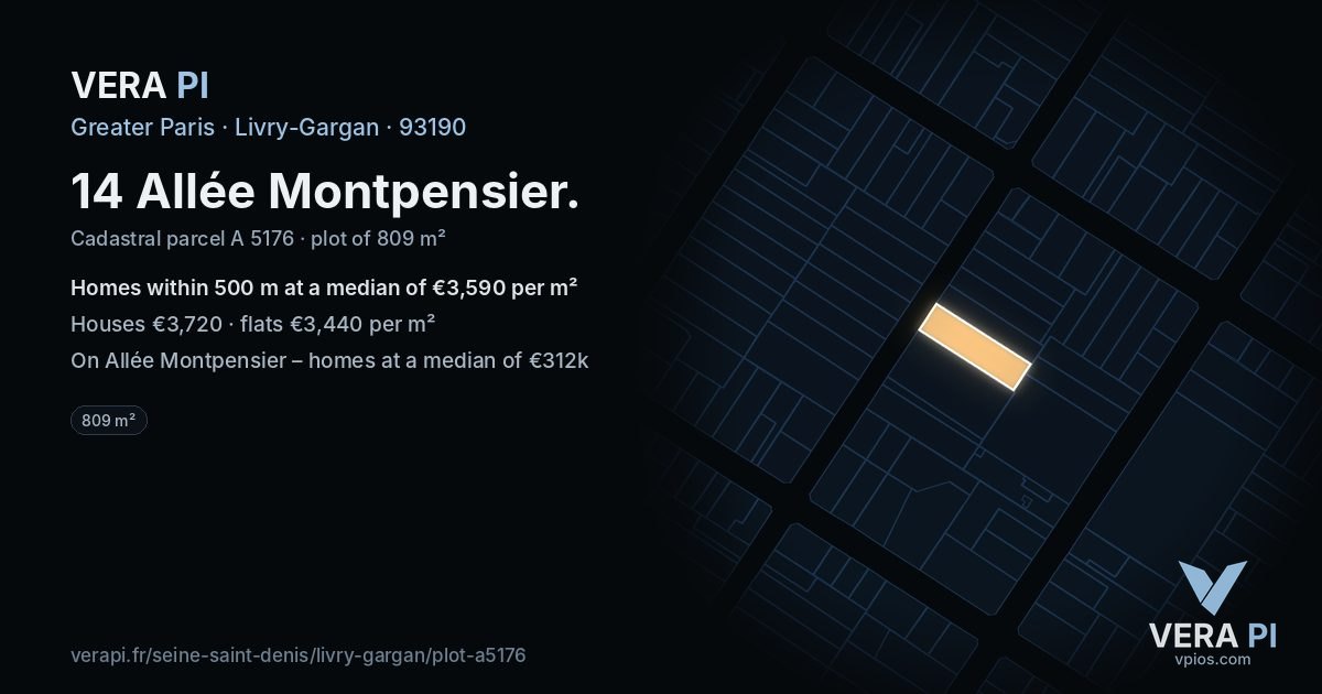 14 Allée Montpensier, Livry-Gargan at night – the plot lit, the parcels around coloured by the prices near them