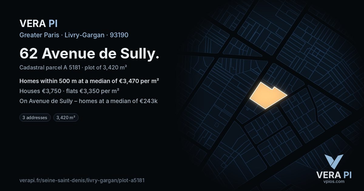62 Avenue de Sully, Livry-Gargan at night – the plot lit, the parcels around coloured by the prices near them