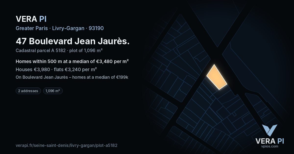 47 Boulevard Jean Jaurès, Livry-Gargan at night – the plot lit, the parcels around coloured by the prices near them