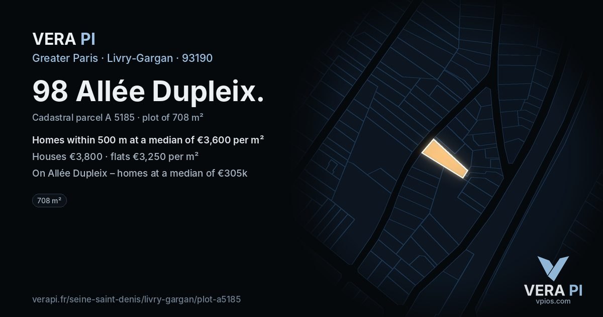 98 Allée Dupleix, Livry-Gargan at night – the plot lit, the parcels around coloured by the prices near them