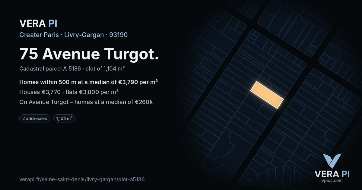 75 Avenue Turgot, Livry-Gargan at night – the plot lit, the parcels around coloured by the prices near them