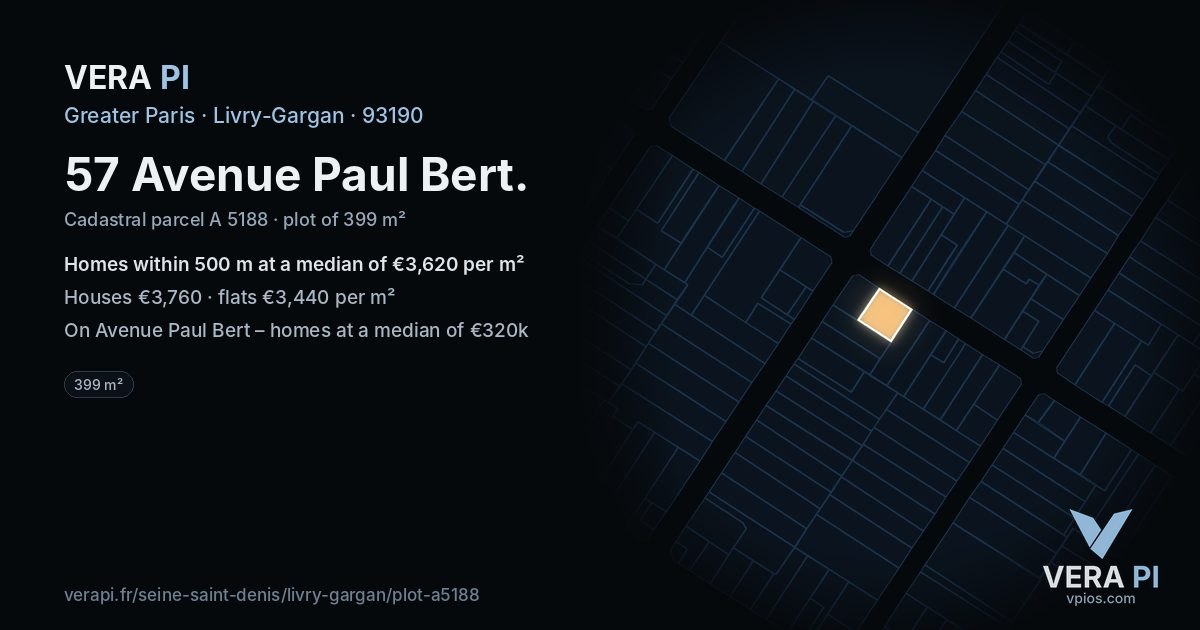 57 Avenue Paul Bert, Livry-Gargan at night – the plot lit, the parcels around coloured by the prices near them