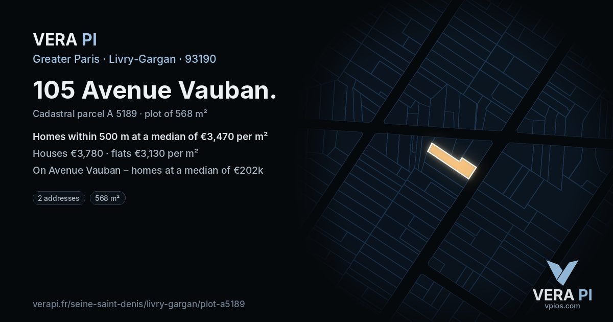 105 Avenue Vauban, Livry-Gargan at night – the plot lit, the parcels around coloured by the prices near them
