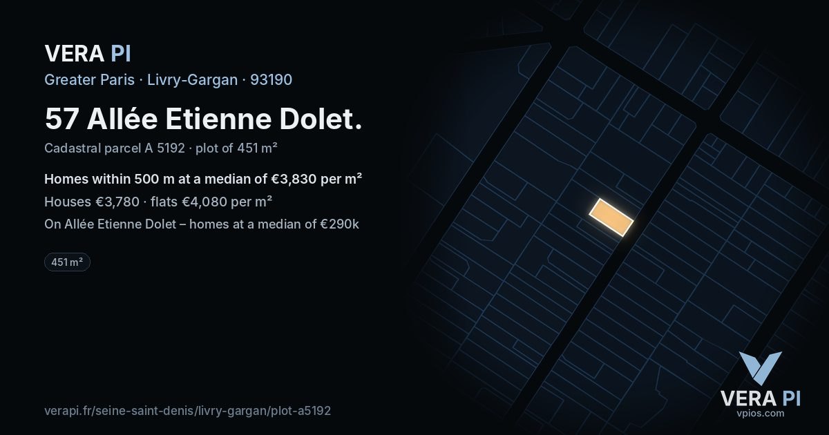 57 Allée Etienne Dolet, Livry-Gargan at night – the plot lit, the parcels around coloured by the prices near them