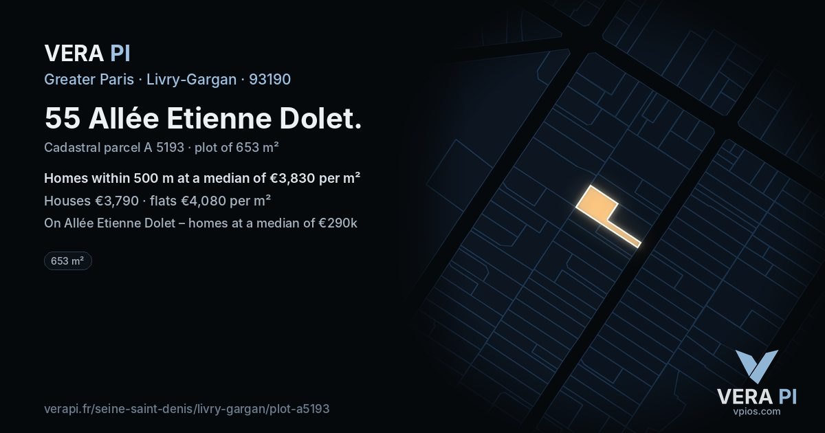 55 Allée Etienne Dolet, Livry-Gargan at night – the plot lit, the parcels around coloured by the prices near them
