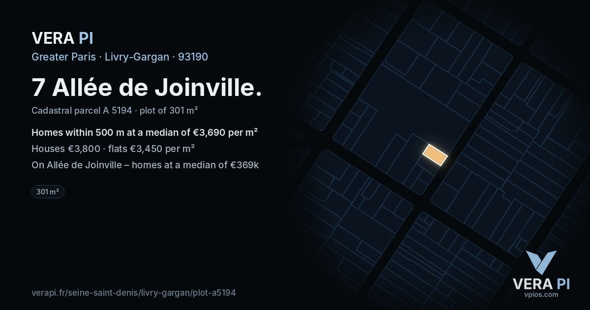 7 Allée de Joinville, Livry-Gargan at night – the plot lit, the parcels around coloured by the prices near them