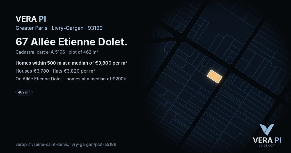 67 Allée Etienne Dolet, Livry-Gargan at night – the plot lit, the parcels around coloured by the prices near them