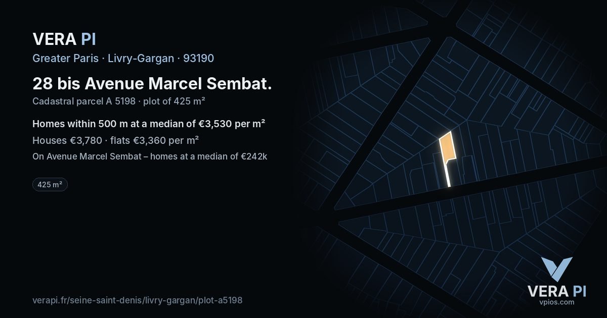 28 bis Avenue Marcel Sembat, Livry-Gargan at night – the plot lit, the parcels around coloured by the prices near them