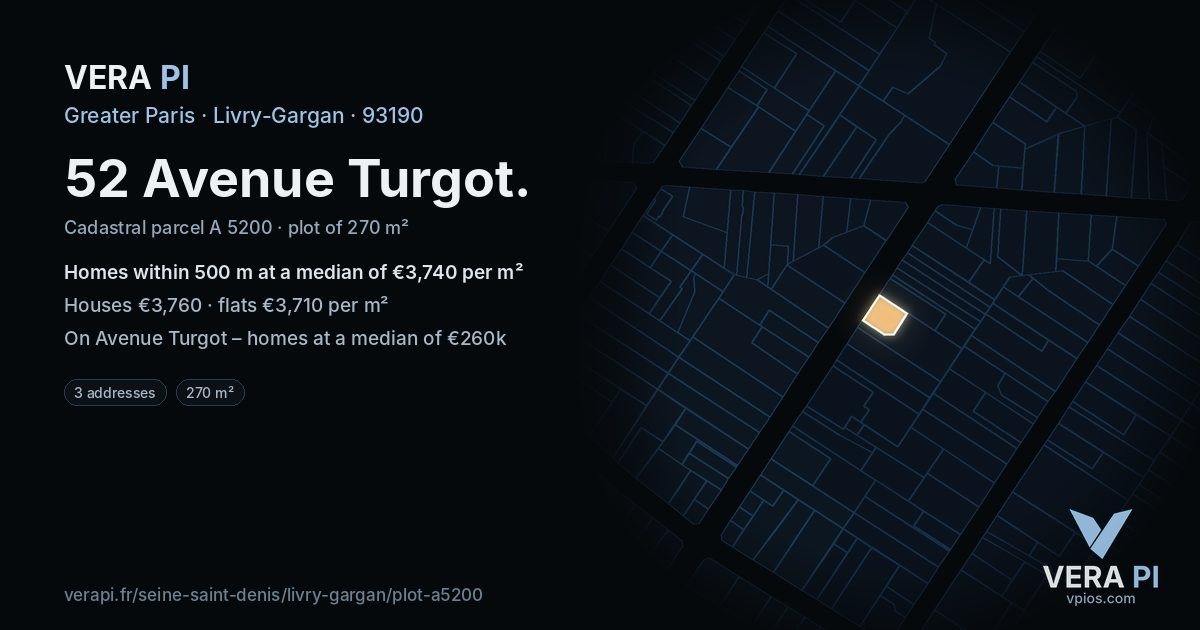 52 Avenue Turgot, Livry-Gargan at night – the plot lit, the parcels around coloured by the prices near them