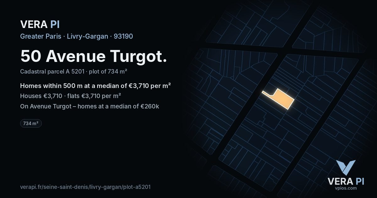 50 Avenue Turgot, Livry-Gargan at night – the plot lit, the parcels around coloured by the prices near them