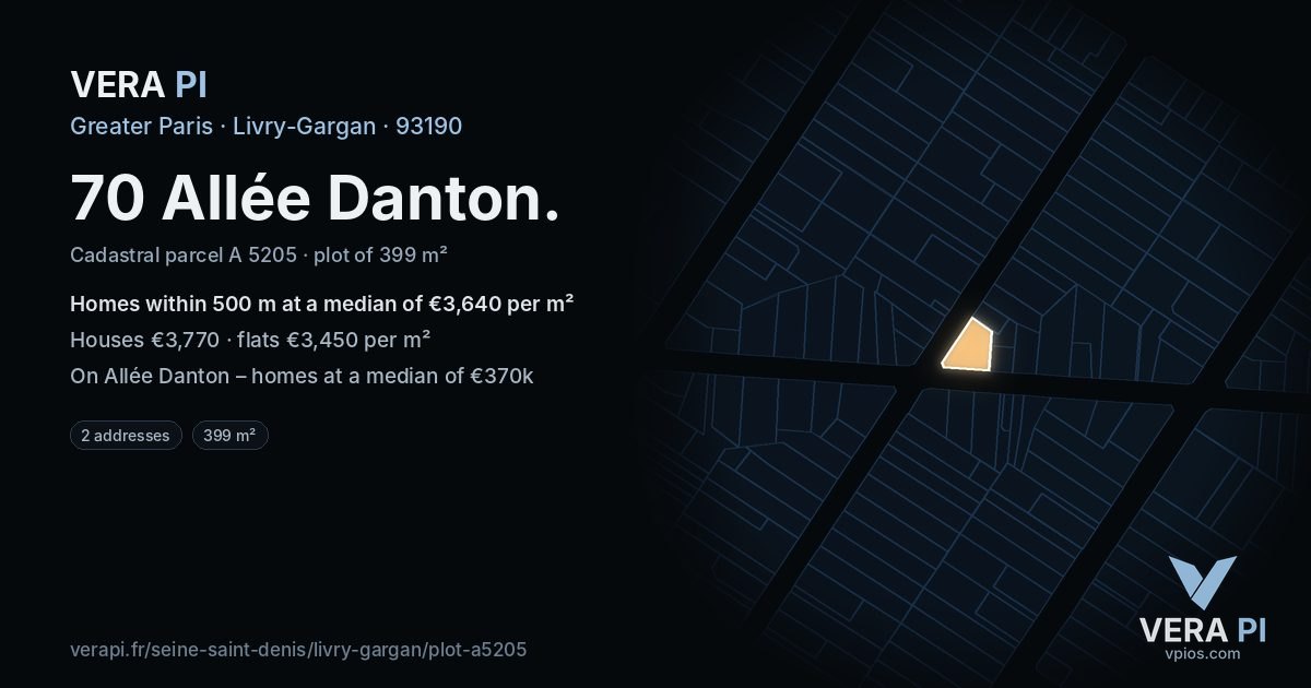 70 Allée Danton, Livry-Gargan at night – the plot lit, the parcels around coloured by the prices near them