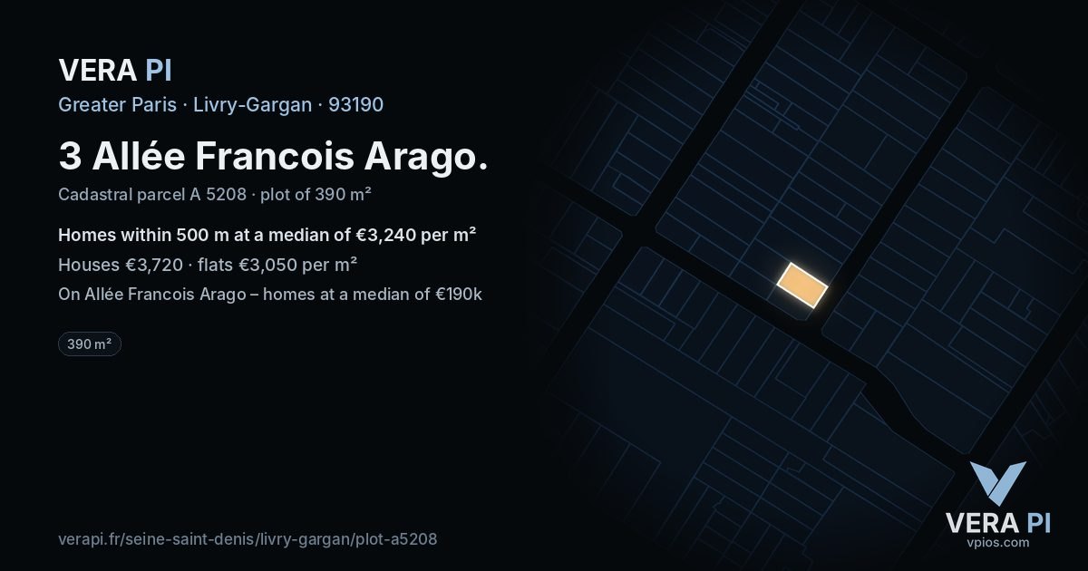 3 Allée Francois Arago, Livry-Gargan at night – the plot lit, the parcels around coloured by the prices near them