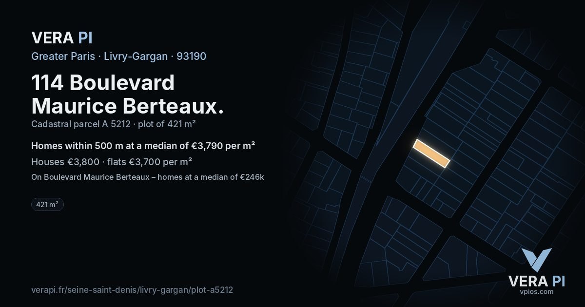 114 Boulevard Maurice Berteaux, Livry-Gargan at night – the plot lit, the parcels around coloured by the prices near them