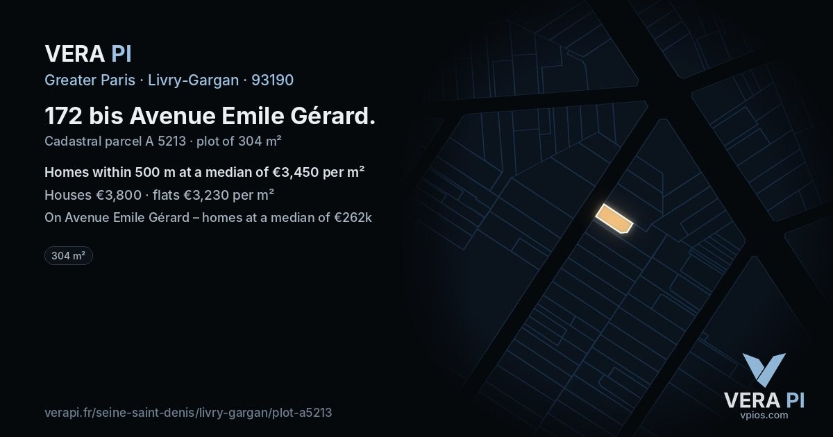 172 bis Avenue Emile Gérard, Livry-Gargan at night – the plot lit, the parcels around coloured by the prices near them