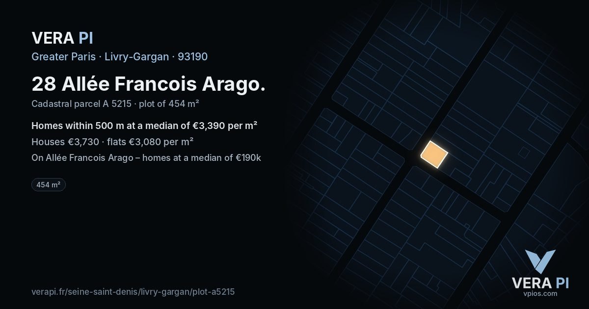 28 Allée Francois Arago, Livry-Gargan at night – the plot lit, the parcels around coloured by the prices near them