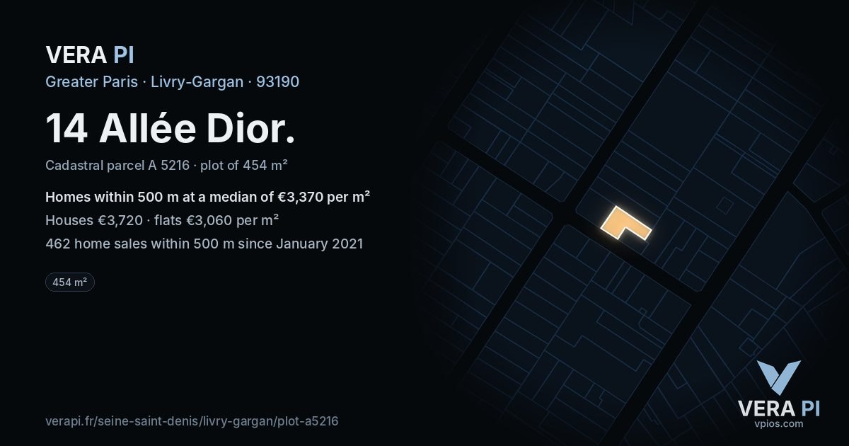 14 Allée Dior, Livry-Gargan at night – the plot lit, the parcels around coloured by the prices near them